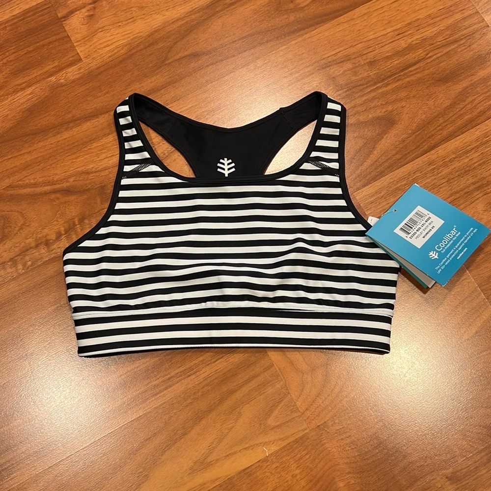 Coolibar UPF 50+ Medley Reversible Swim Sports Bra Black White Striped Sz XS